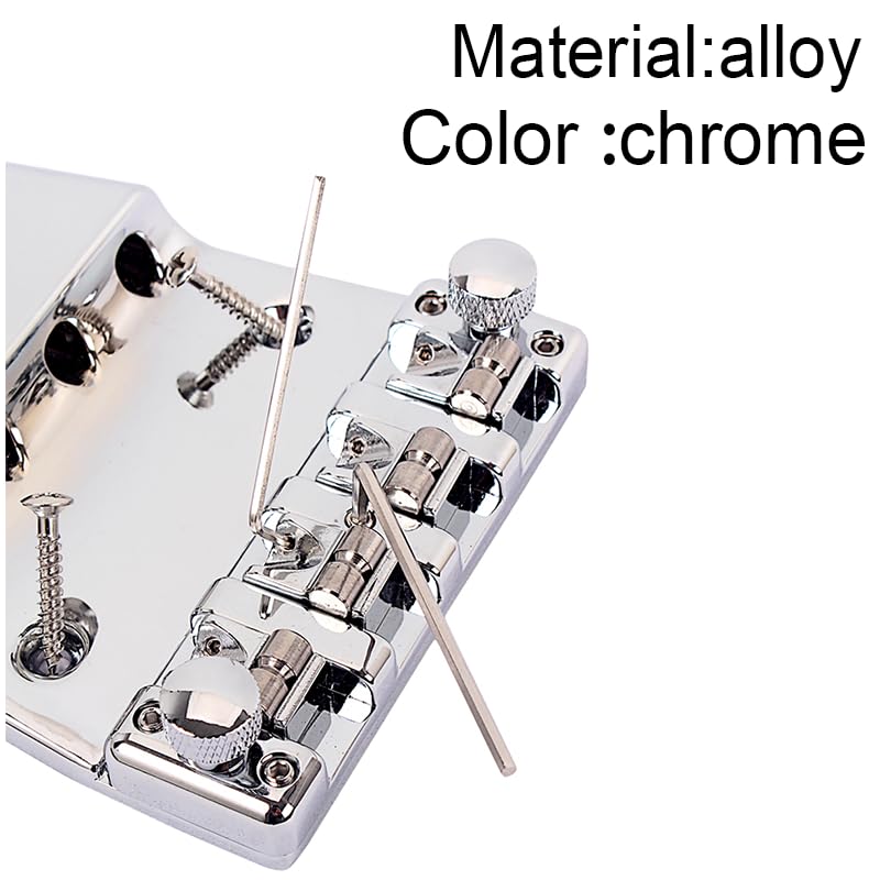 Ogdni Fixed Bass Guitar Bridge with Tool Hardtail Saddle Bridge for Bass Guitar Chrome 4-String Set, Parts,
