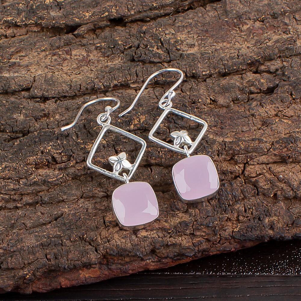 

Драгоценный камень розовый халцедон, ювелирные изделия из стерлингового серебра 925 пробы, серьги ручной работы 1,70 EE-10-15