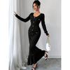 Women's Long-sleeved V-neck Black Row of Buttons Slim Fishtail Dresses
