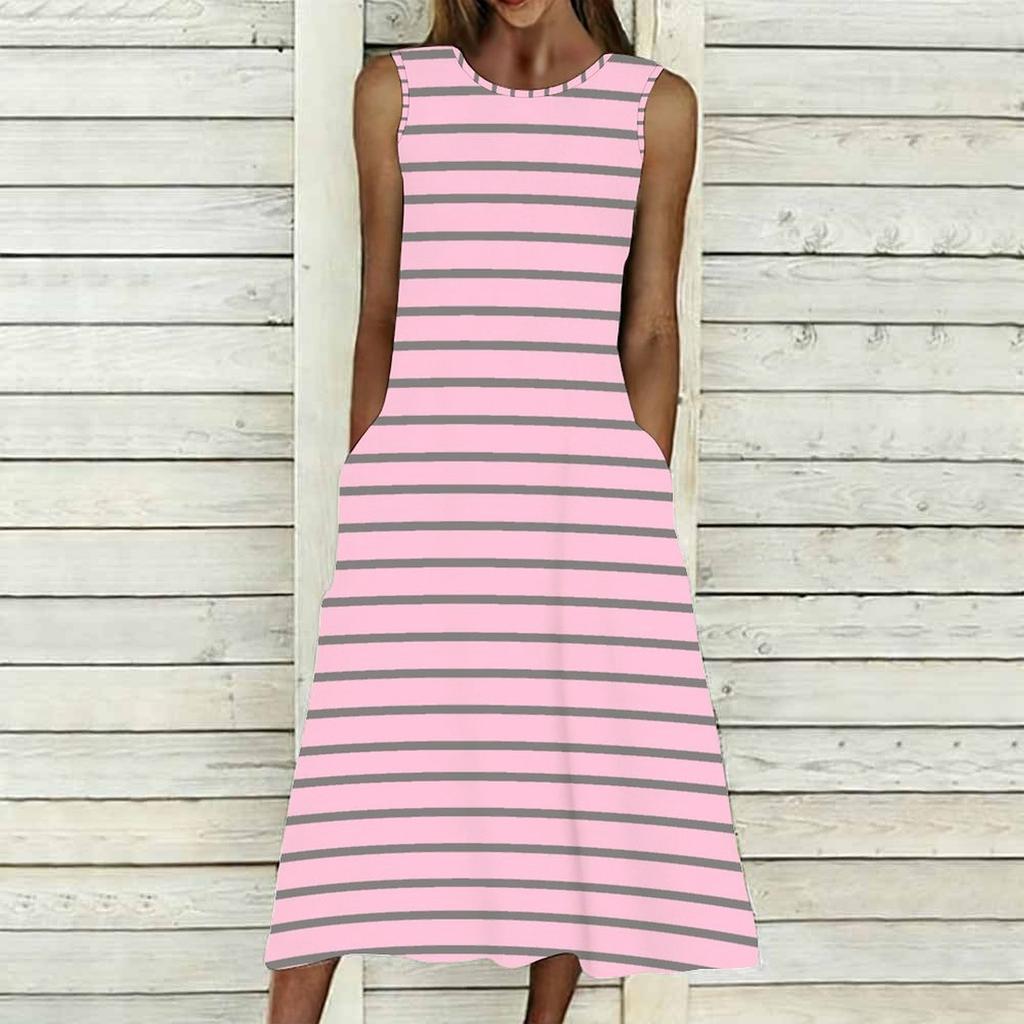 Women Oversized Sleeveless Round Neck Dress Stunning Tropical Bouquet Flowy Mid Length Dress