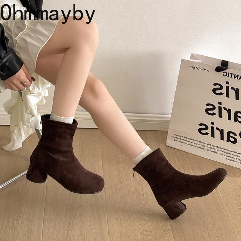 Vintage Stretch Slim Women Ankle Boots Fashion Pointed Toe Thick Heel Shoes Street Style Banquet Party Short Botas Mujer