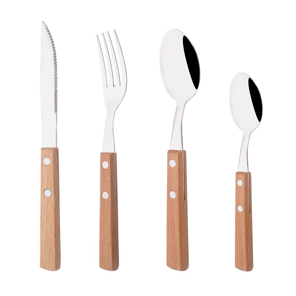 

4/16/24 шт. Красно-серебристый набор столовых приборов из нержавеющей стали, столовая посуда, ложка с деревянной ручкой, нож для стейка, вилка, набор столовой посуды для обеда