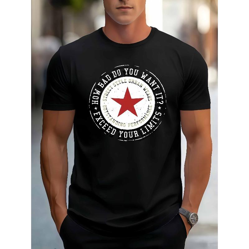 

Men s T-Shirt with Distressed Star Badge & Slogans - Loose Fit Crew Neck Retro Style Casual Gym Wear Suitable for Training, Outdoor Activities S чёрный