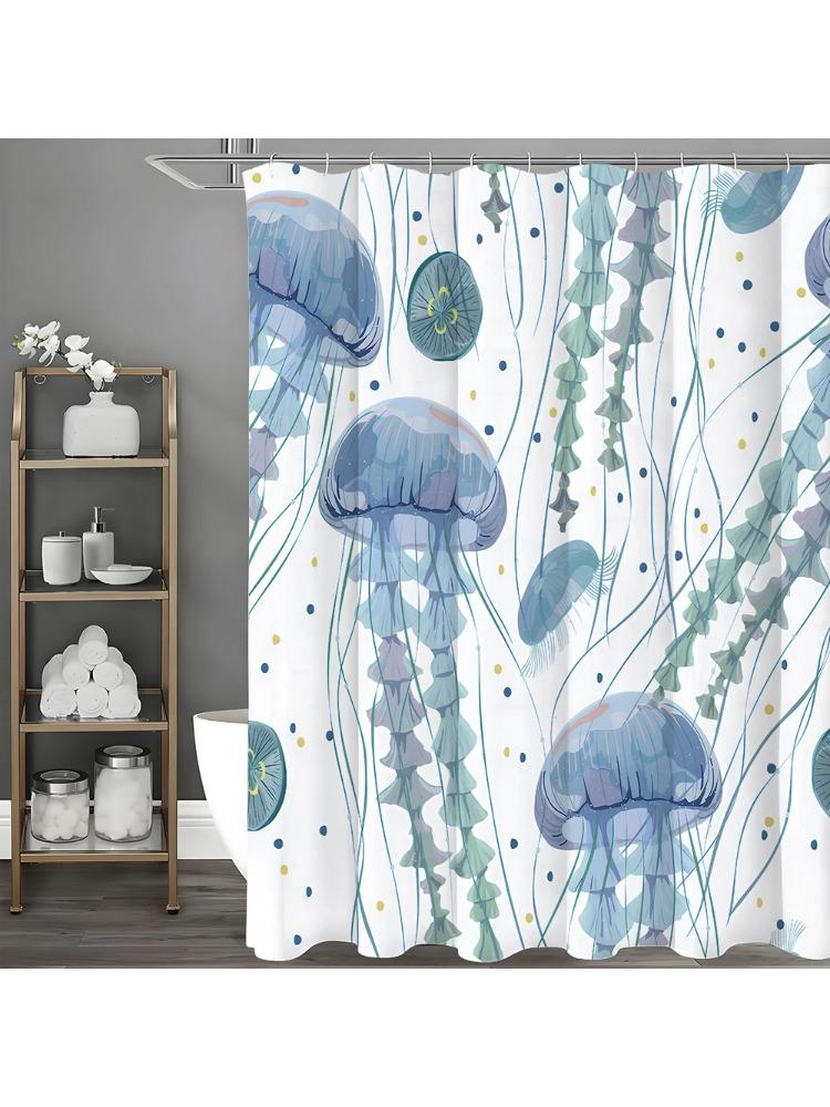 

Watercolor Blue Jellyfish Shower Curtain, Bathroom Decorative Shower Curtain, Waterproof Shower Curtain With Hooks W60H190(CM)-1 Pcs