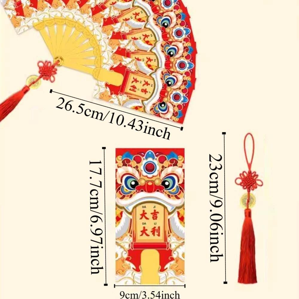 Traditionelles Fächerdesign Roter Umschlag 10 Karten Quaste Kinder Geldbeutel mit chinesischem Knoten Segen Gott des Reichtums Rote Tasche