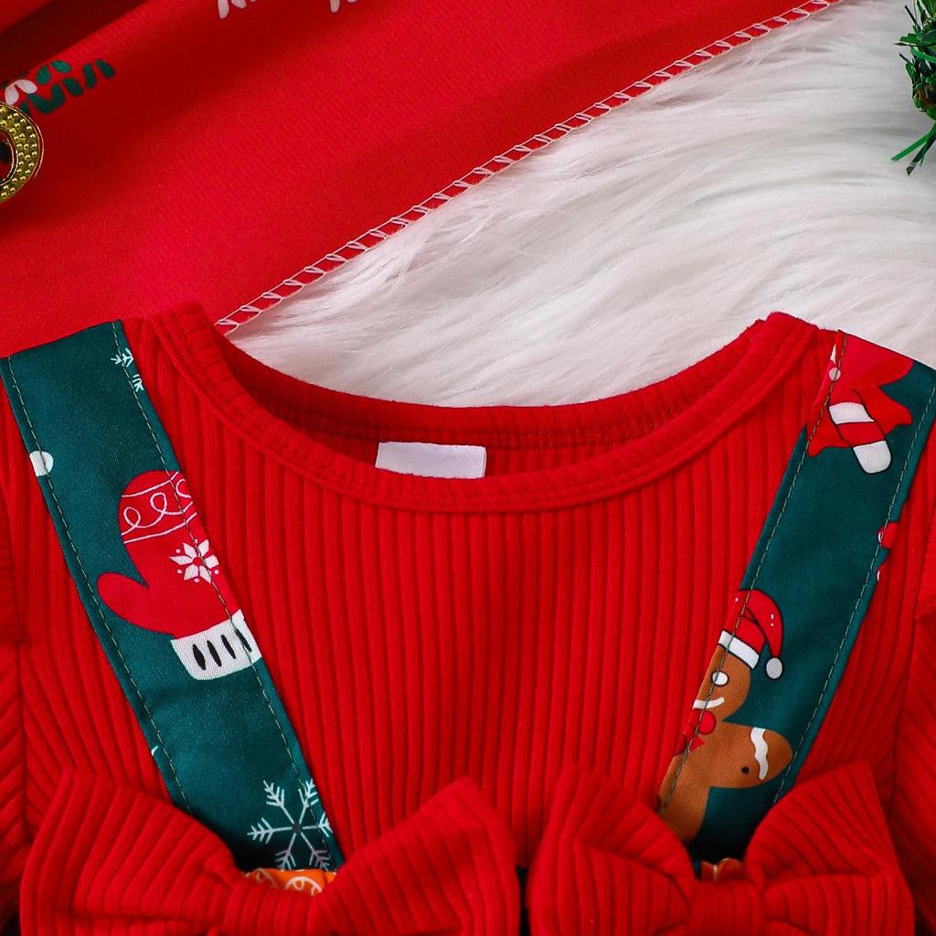 Children's Ribbed Long Sleeve Bow Christmas Dress for Girls