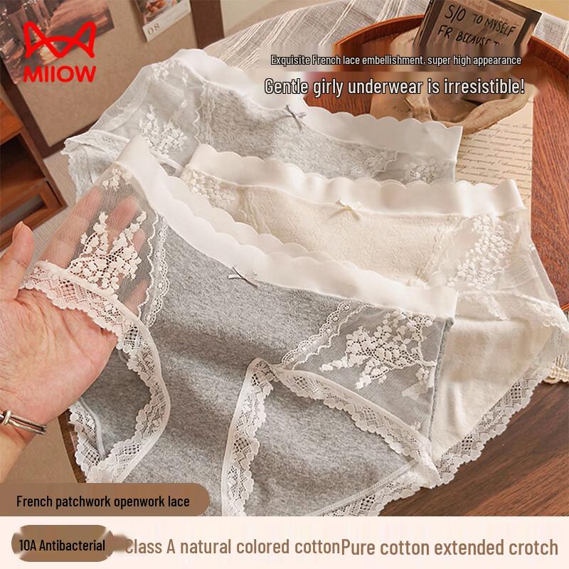 MaoRen Women's Sexy Lace Mid-Waist Briefs 3-Pack