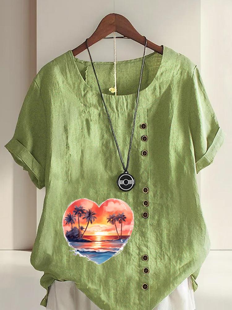 

Women s Fashion Heart Shaped Scenery Print Shot Sleeve T-shirt Loose Cotton Shirt Casual Loose Summer Blouse Tops Plus Size 5XL зелений