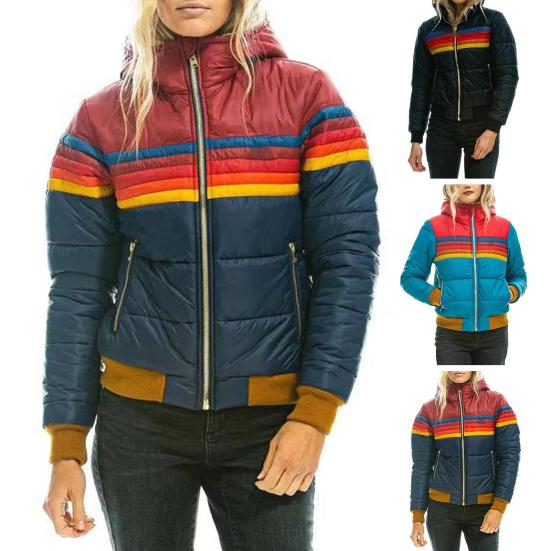 Yousheng Winter-Baumwollmantel mit Taschen Coloblock Reißverschluss Kapuze Gefüttert Winddicht Strickjacke Kurzer Typ Elastische Bündchen und Saum Baumwolljacke