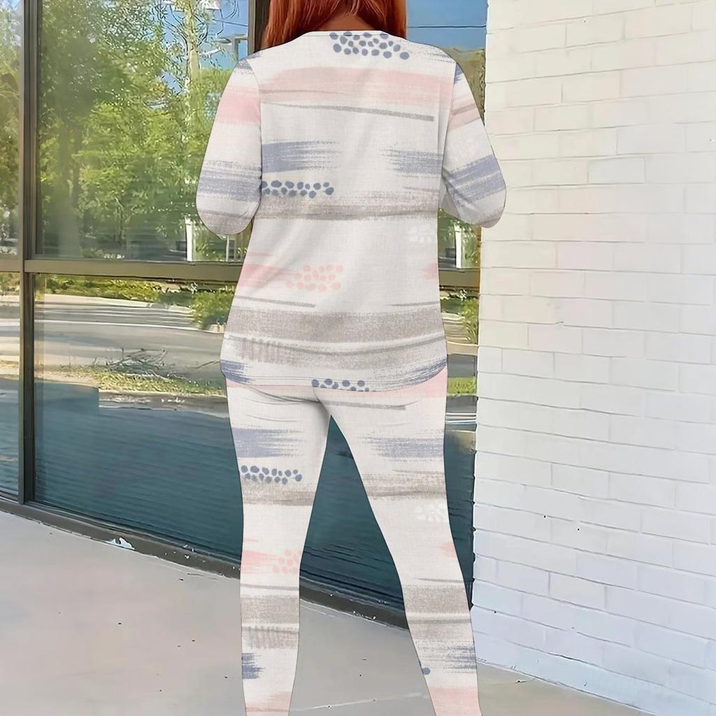 Women Plus Size Cream White Printed Round Neck Long Sleeve Top And Fitted Pants Two Piece Set