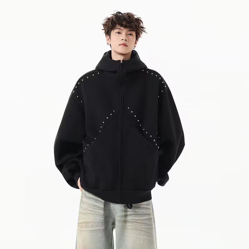 Men's Designer Rivet Patch Doberman Ear Hoodie - Autumn/Winter Trendy Heavyweight Cardigan Jacket