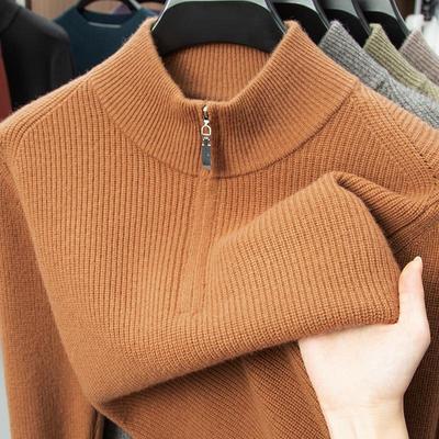 Men's 100% Wool High Collar Zipper Sweater - Thick, Warm Knitted Base Layer for Autumn/Winter