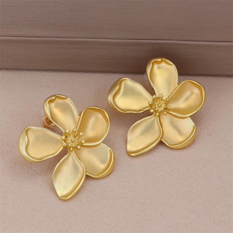 Gold Color Matte Texture Metal Flower Retro Earrings For Women Girls  Party Jewelry Gifts
