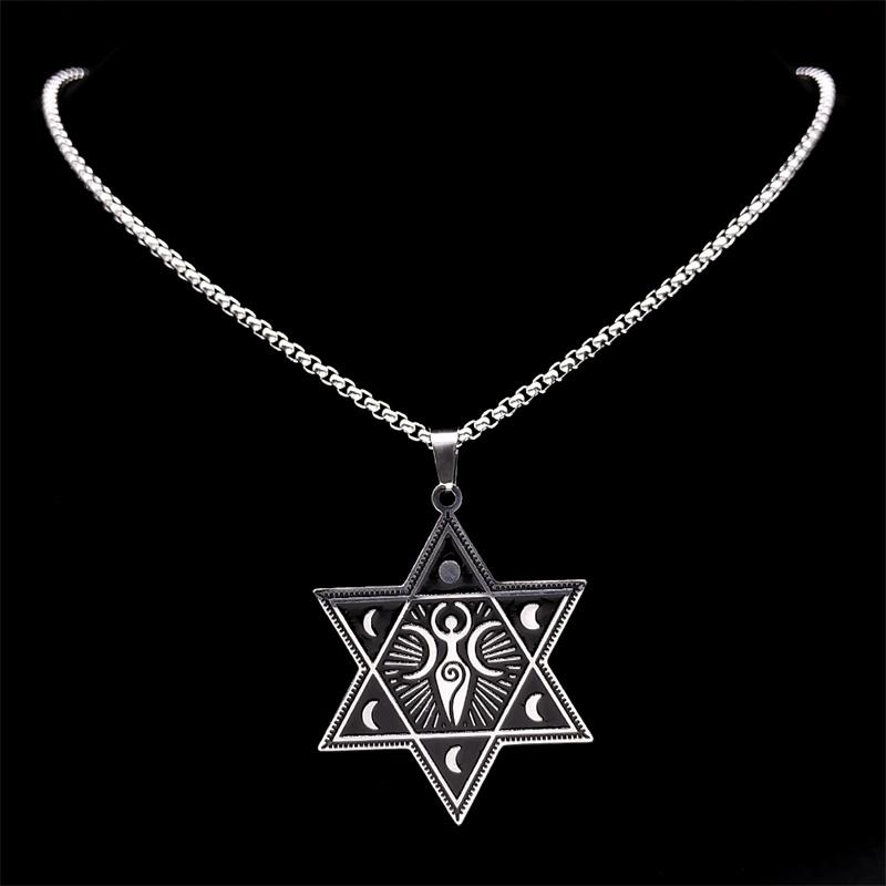 Wicca Triple Moon Goddess Crescent Necklace Stainless Steel Occult Moon Phases Hexagram Necklace Witch Amulet Jewelry collar