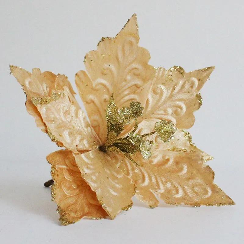 1pcs 28cm Christmas Glitter Artificial Poinsettia Flowers Artificial Xmas Tree Decor for Home Party New Year Ornaments