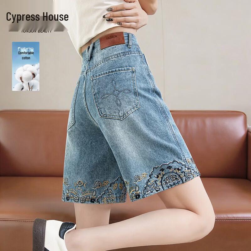 Women s High-Waist Lace Embroidered Denim Shorts M