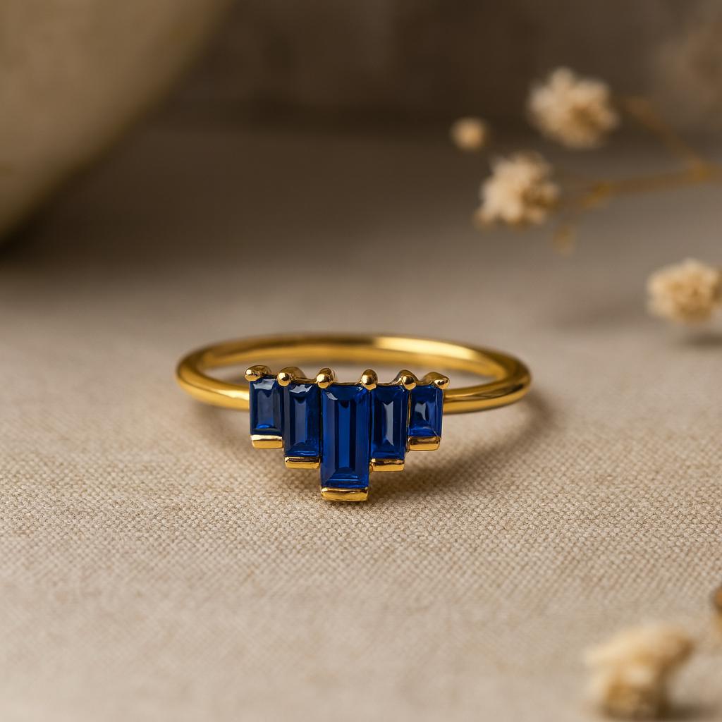 Wedding Engagement Anniversary Promise Gift – Baguette Blue Sapphire Ring, Yellow Gold Plated Geometric Band, September Birthstone Jewellery