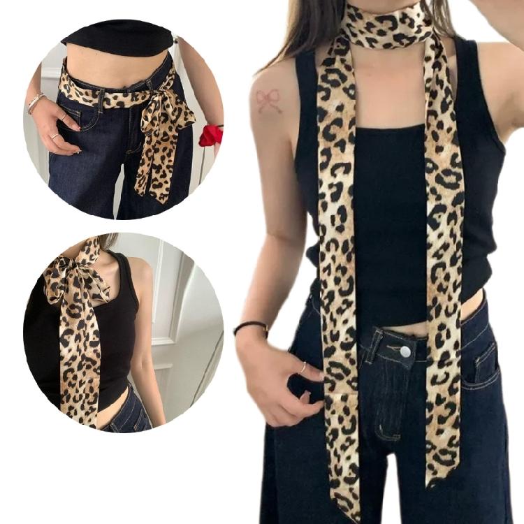 Leopard Pattern Long Neckerchief Skinny Scarf Necktie Handbag Wrap Handle Satins Belt for Wmen Bag Handle Accessory