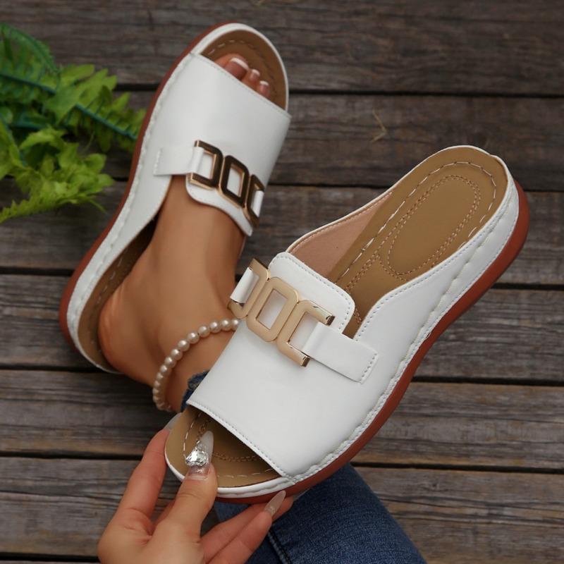 Women's Plus Size Platform Slide Sandals, Metallic Buckle Chunky Heel Summer Shoes