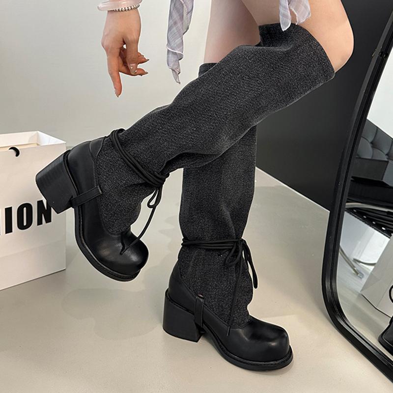 Women Knee High Boots High Heels Chunky Shoes 2025 Summer Chelsea Boots New Woman Heeled Shoes Lace Up Pumps Zapatillas
