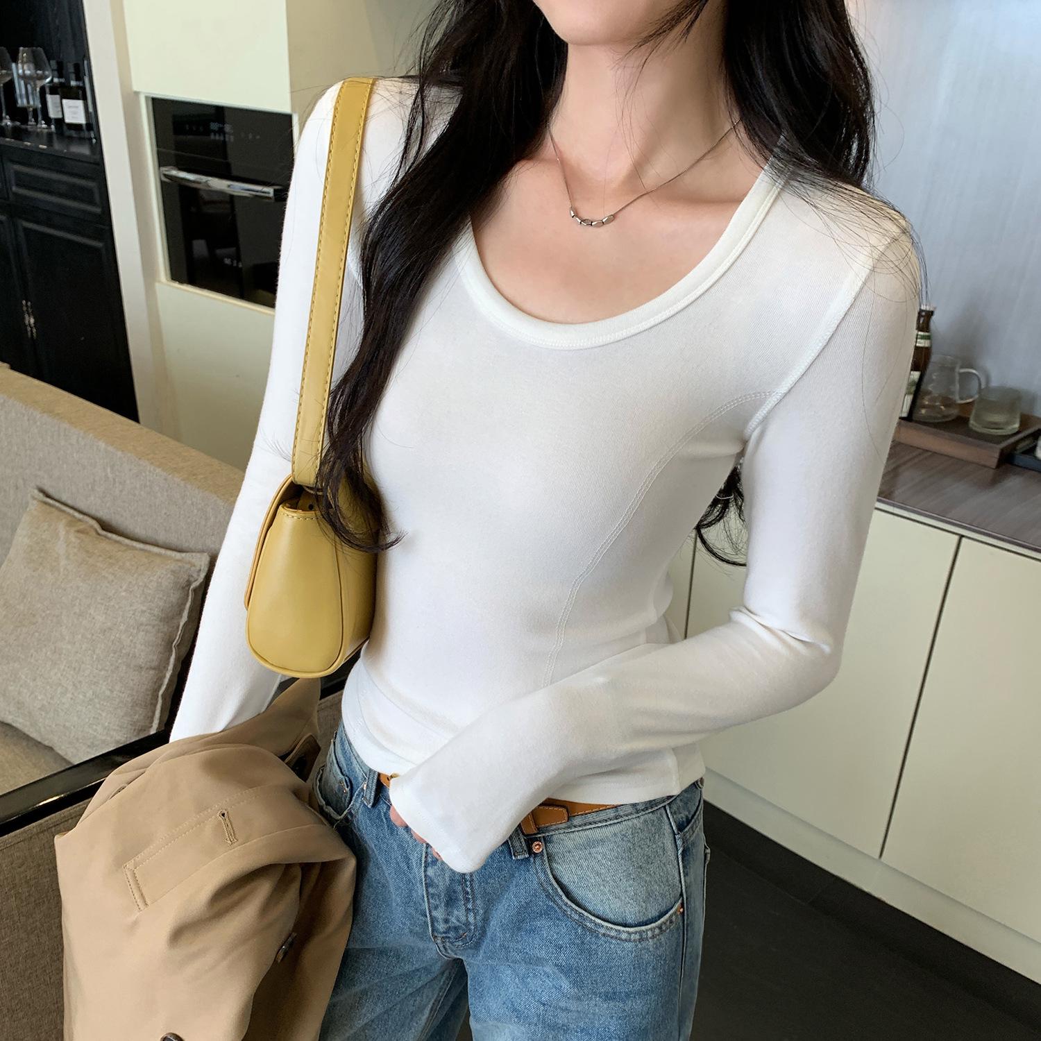 Korean Style Elegant Grey U-Neck Long-Sleeve Women s Slim-Fit Autumn/Winter Top Extra Large белый