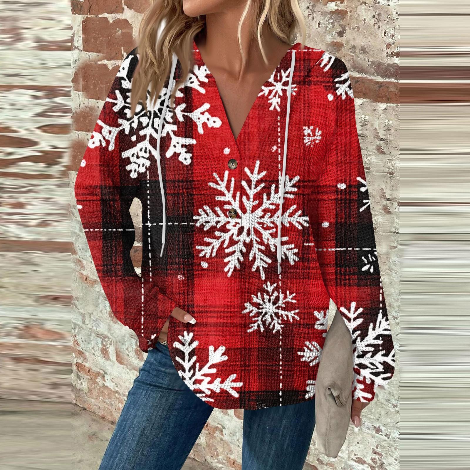 

Женский повседневный топ с длинными рукавами, пуговицами, V-образным вырезом, рождественским принтом, завязками и капюшоном XXL