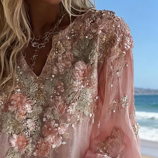 Damska Koszula Oversize z Dekoltem V Długi Rękaw Casualowa Wiosna Jesień Koszula z Wzorem Kwiatowym 3D Luźny Krój Koszula do Codziennego Użytku