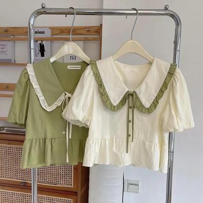 Women's Summer Sweet-Style Peter Pan Collar Ruffle-Trimmed Shirt with Drawstring Youthful-Looking Short-Sleeve Blouse