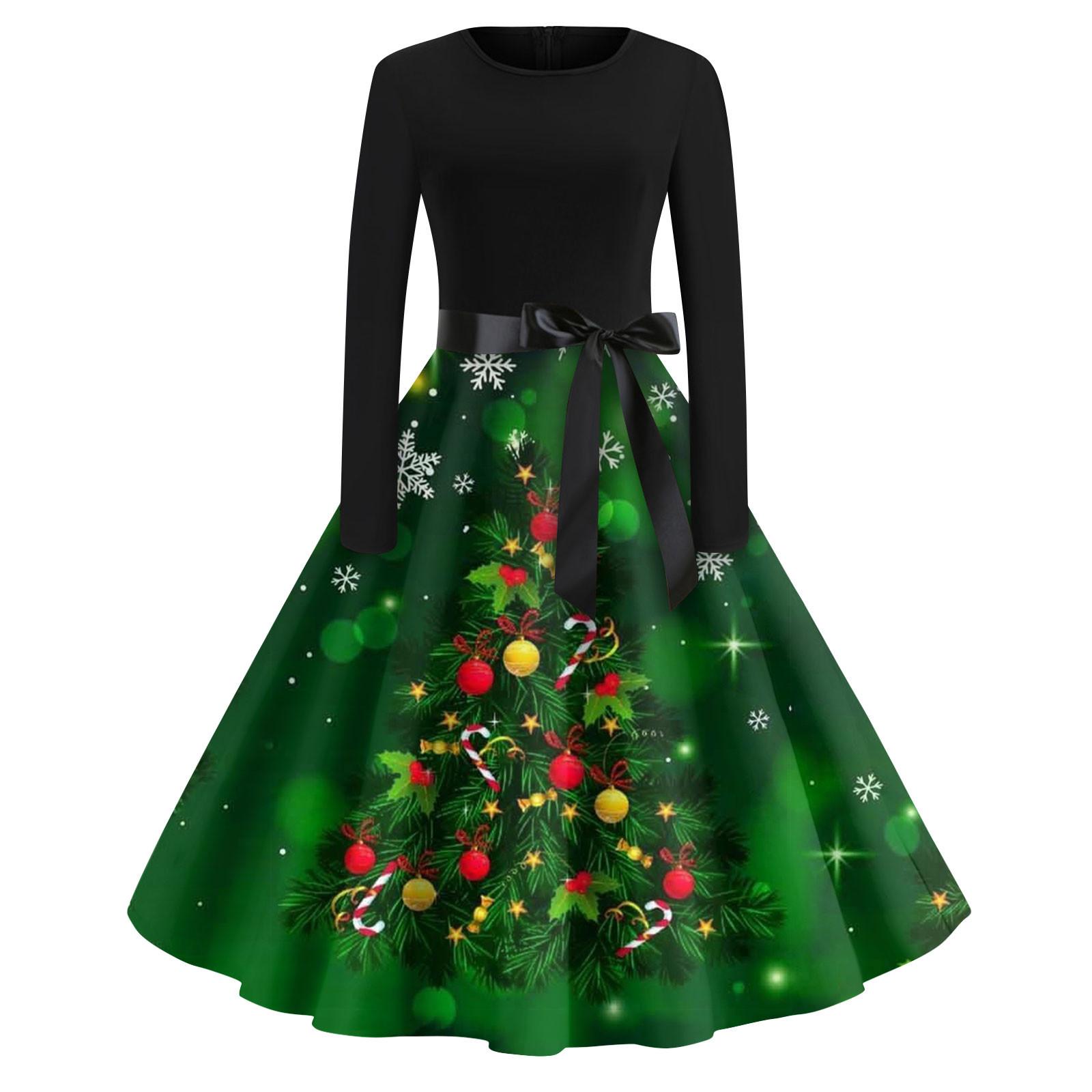 

Жіночі модні повсякденні тонкі різдвяні сукні з довгим рукавом і круглим вирізом S темно-зелений колір