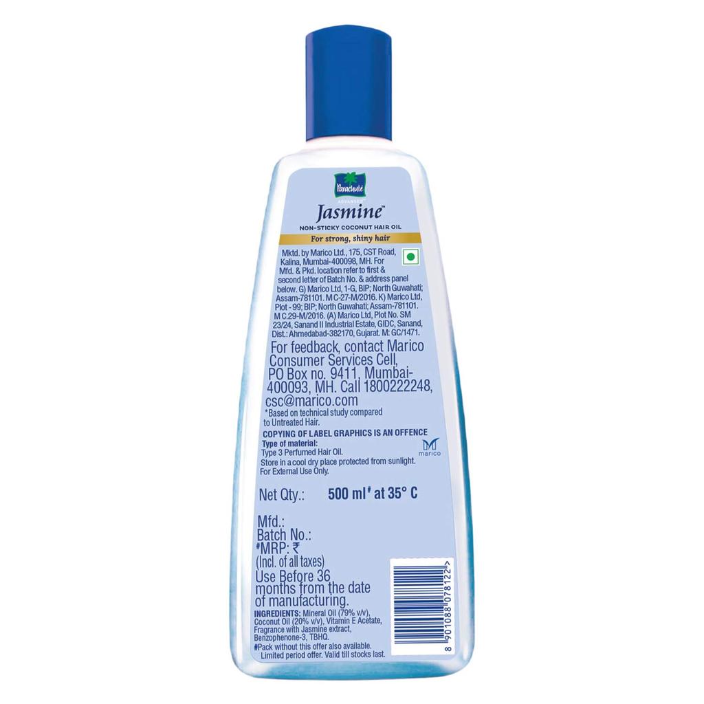 PARACHUTE Jasmine Hair Oil With Coconut & Vitamin E For Shine & Strength, Light Non Sticky Formula, 500ml Pack For All Hair Types