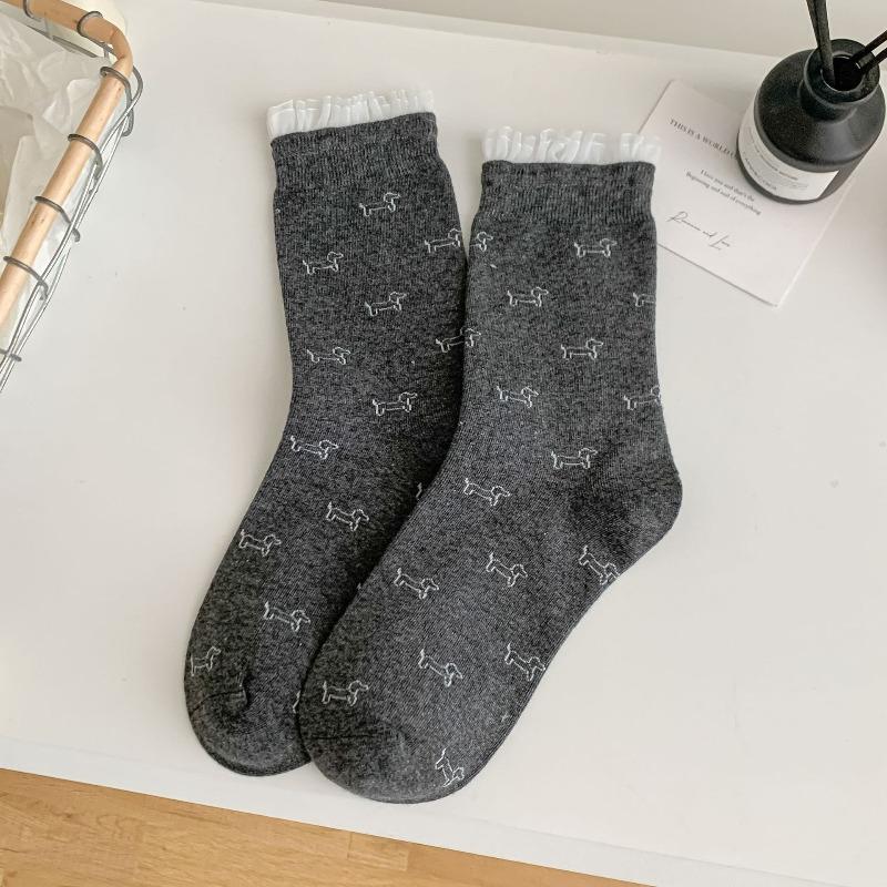 Lace Fringed Socks, Cute Girl Puppy, Mid-calf Pile Socks, Long Socks, Pure Cotton Socks