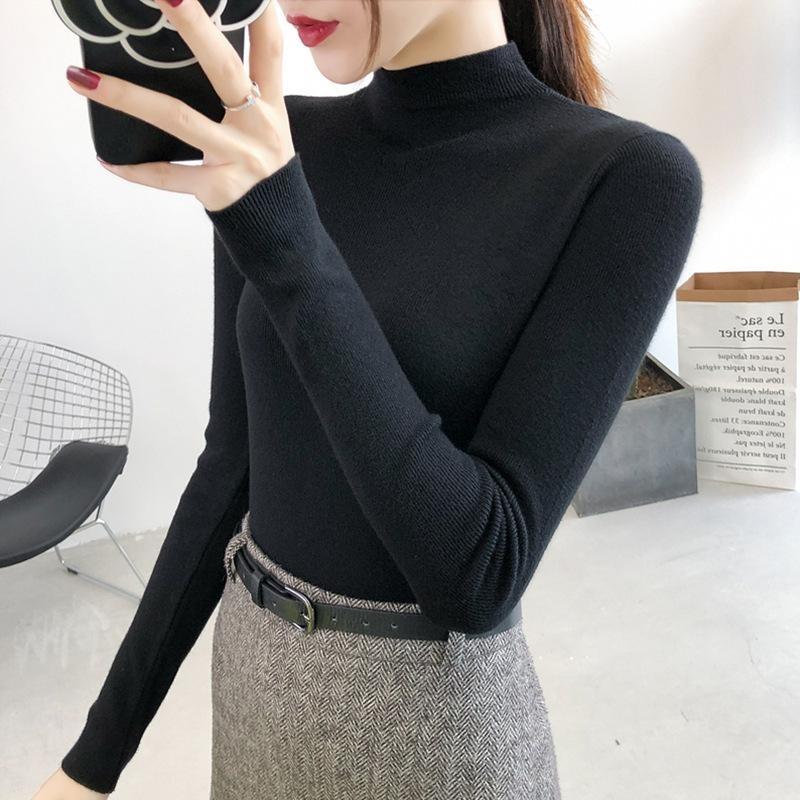 Half Turtleneck Knitted Pullovers Sweaters Women Autumn Winter Primer Shirt Long Sleeve Short Slim-fit Tight Jumper Tops Solid Color One Size