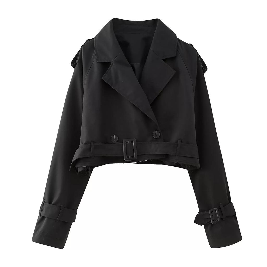 Khaki Cropped Trench Women Long Sleeves Cropped Design Jacket Chic Lady High Street Casual Loose Coats Top Female