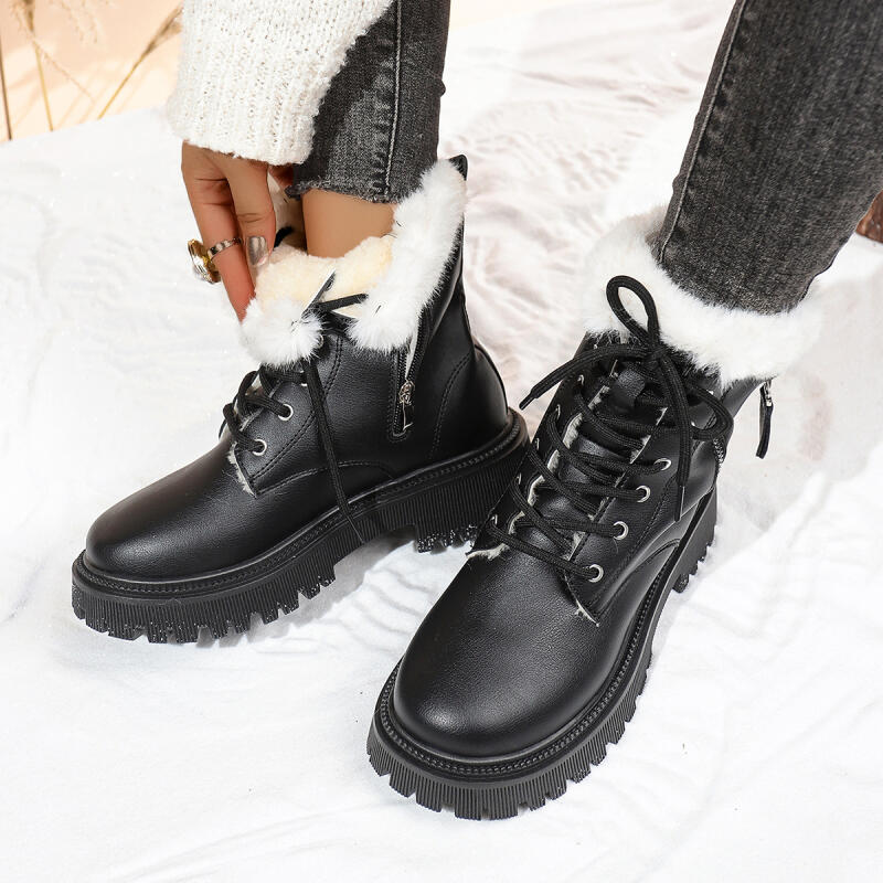 Winter Plush Ankle Boots for Women Non Slip Thick Bottom Furry Snow Boot Pu Leather Short Booties Classic Cotton Shoes for Women
