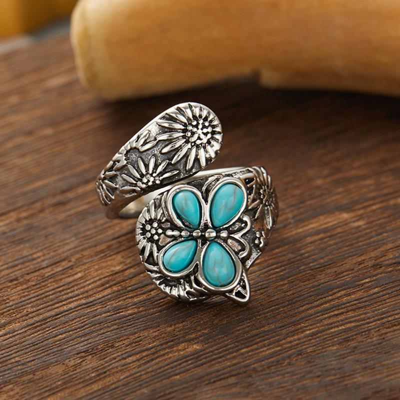 Bohemian Ethnic Style Creative Faux Turquoise Opening Adjustable Ring Women Retro Party Personality Jewelry Accessories