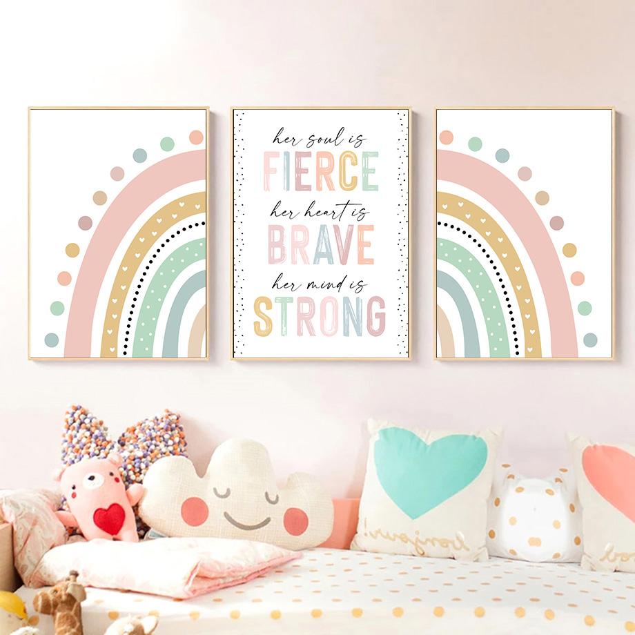 Pink Mountain Sun Rainbow Quote Bohemian Nursery Nordic Posters, Wall Art Canvas Painting Pictures, Perfect for Baby Kids Room
