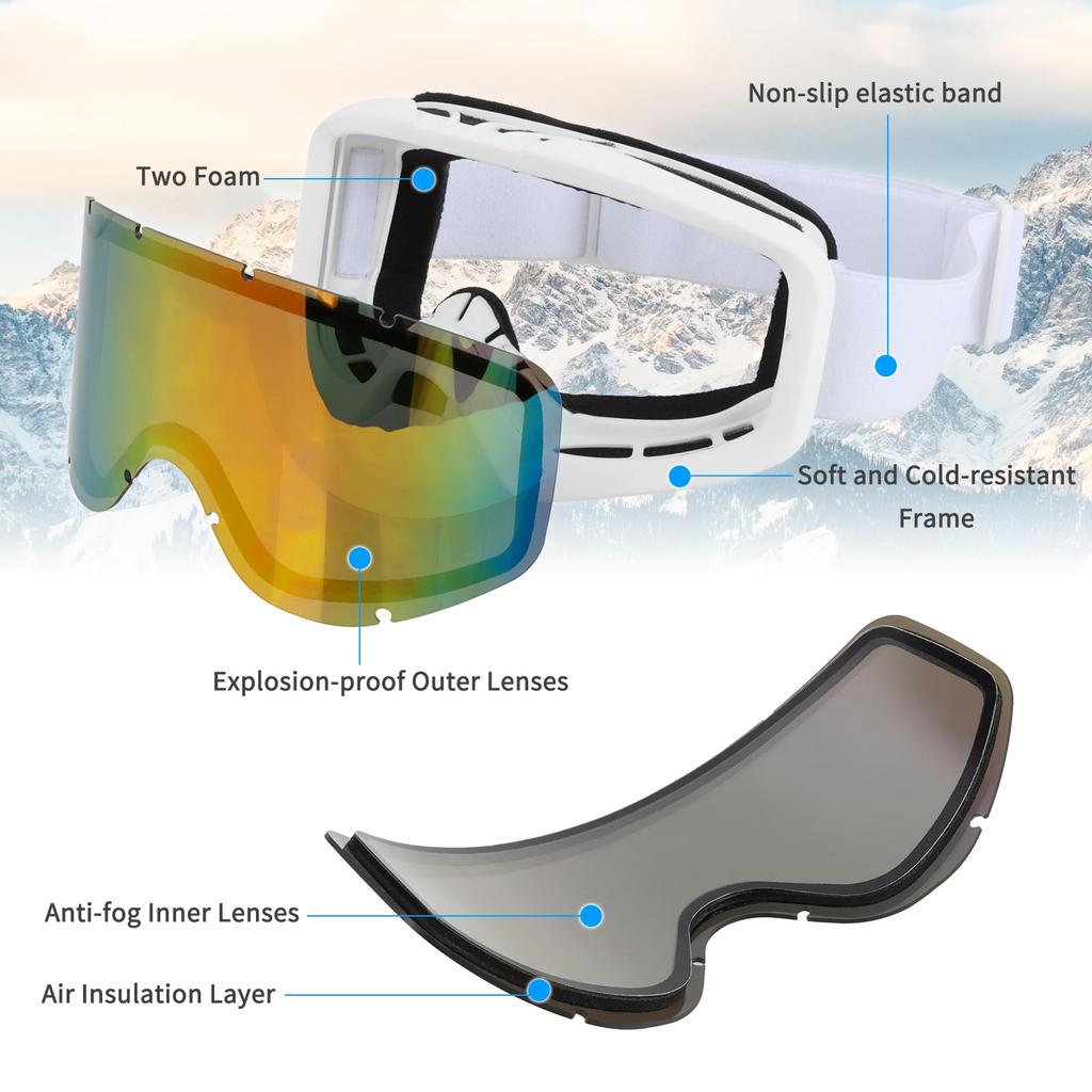 FOCUHUNTER Ski Snowboard with Dedicated Hard Glasses Wide Field of View UV Impact Sports Goggles Goggles, Goggles, Case, Compatible, Anti-Fog, Lenses,