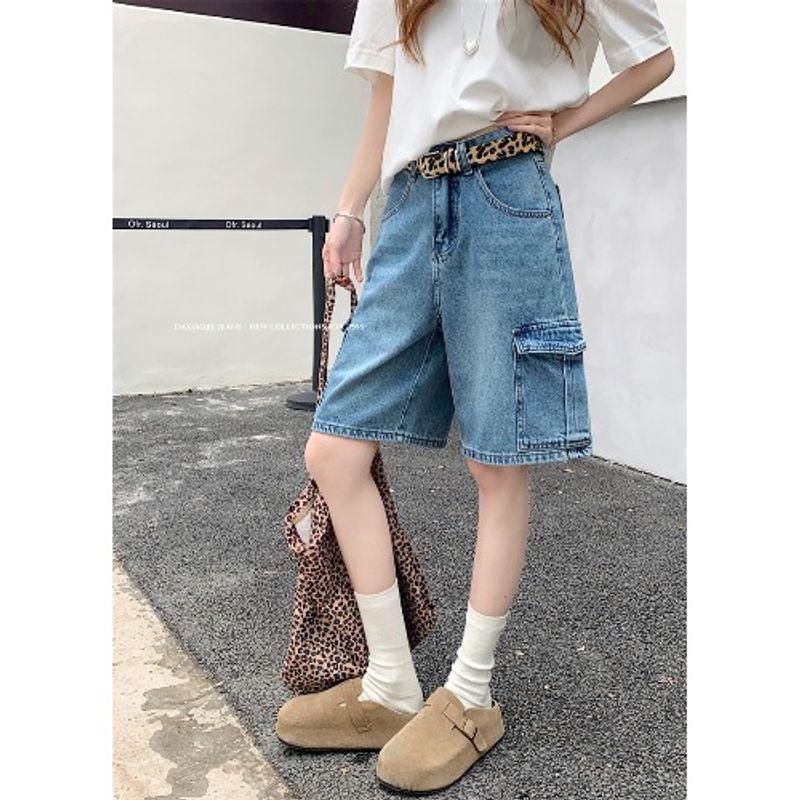 

Kumikumi Американский винтаж Выбеленные джинсовые шорты Женские Летние С высокой талией Свободные Прямые Широкие брюки Капри Blue XL