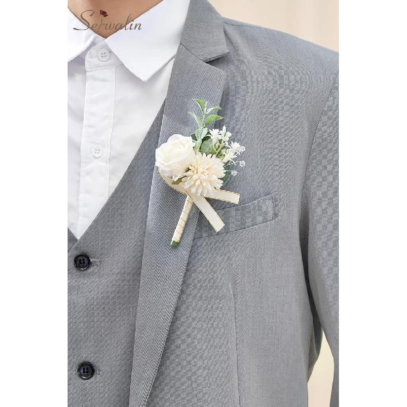 Serwalin 2 Pcs White Boutonniere for Men, Groom Groomsmen Best Man Guest Boutonnieres, Artificial Flowers Silk Rose for Wedding Prom Ceremony