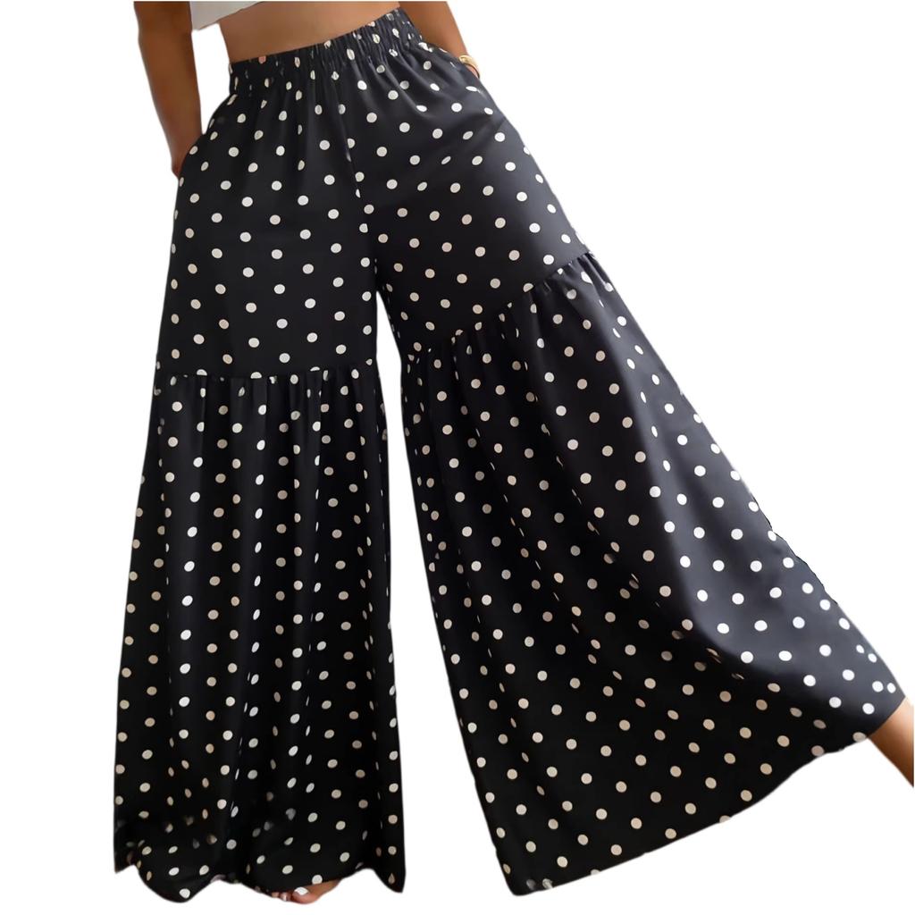 Women's High Waist Wide Leg Pants Loose Fit Lightweight Floral Print Casual Palazzo Trousers with Elastic Waistband and Side Pockets