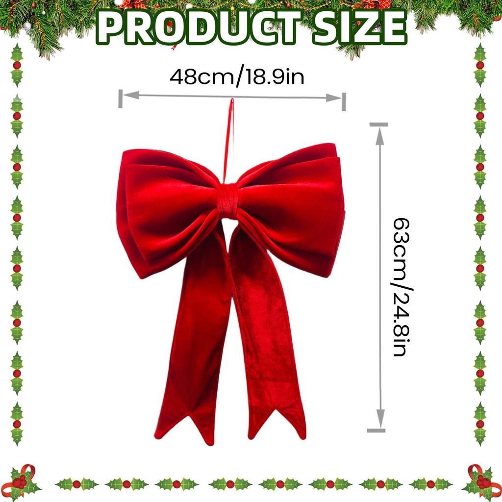 Red Christmas Bows Outdoor Decorations 48x63cm Christmas Tree Top Bow Velvet Wreath for Office Wreath Front Door Decoration