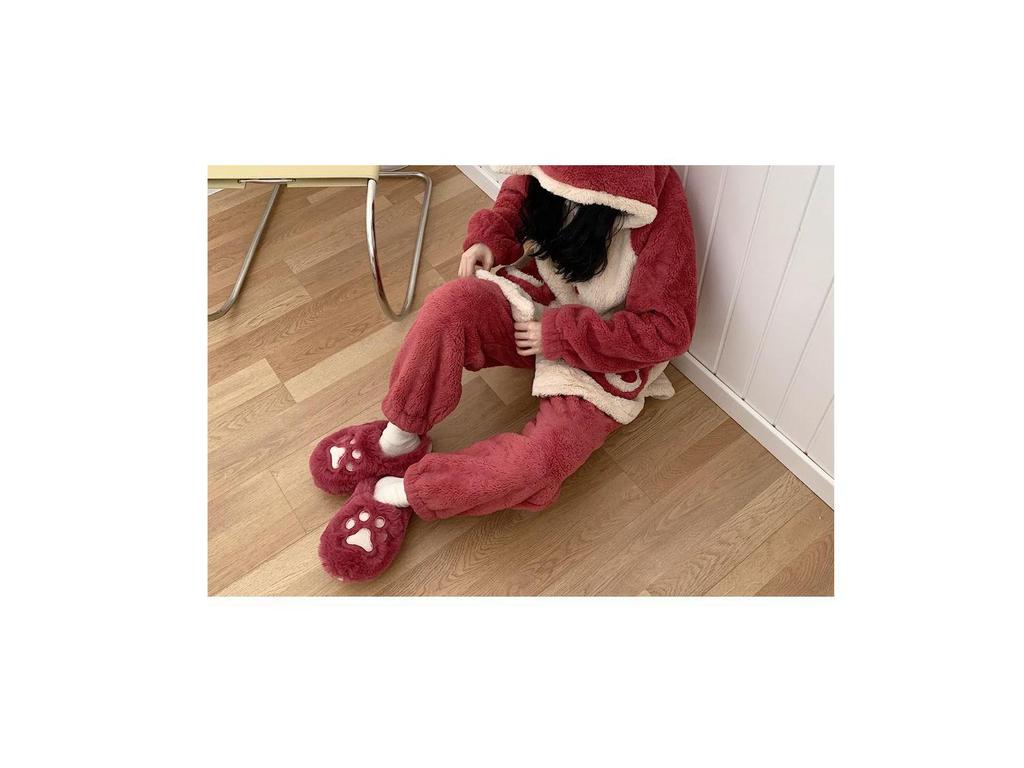 Women's Cute Korean Style Heart Plush Winter Slippers with Cat Paw Design and Soft Full Heel