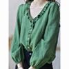 Spring New Style Loose Green V-neck Cotton, Linen and Linen Long-sleeved Shirt for Women