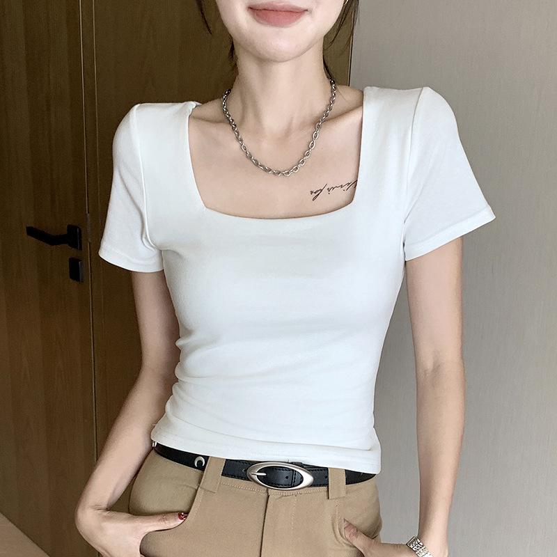 Square Neck Slim Fit Short Sleeve White T-Shirt for Women - Spring/Summer New Style