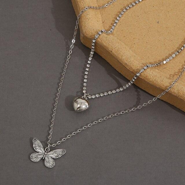 17KM Punk Gold Multilayered Necklace for Women Vintage Silver Color Geometric Round Pendant Necklaces Butterfly Choker Jewelry