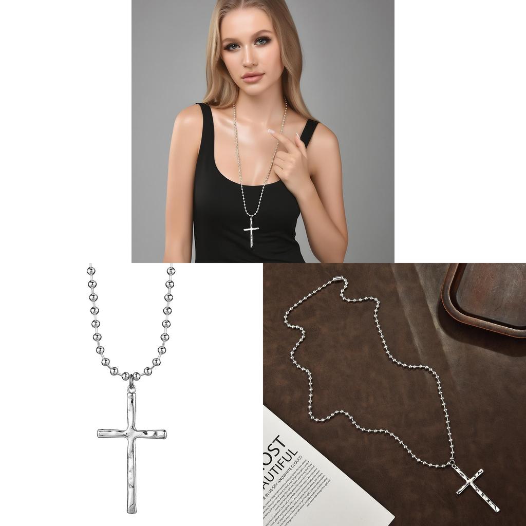 Geometric Beaded Chain Necklace With Cross Pendant For Unisex Fashion Jewelry
