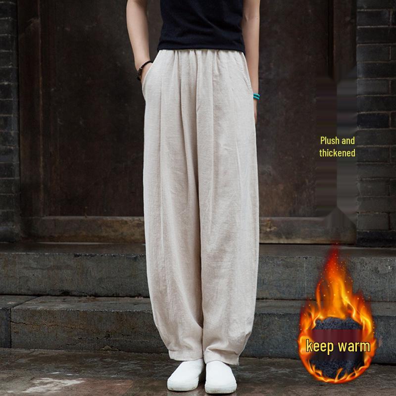 

Women s Spring 2026 Loose Slimming Cotton Linen Sand-Wash Ramie Lantern Pants with Fleece Lining Large