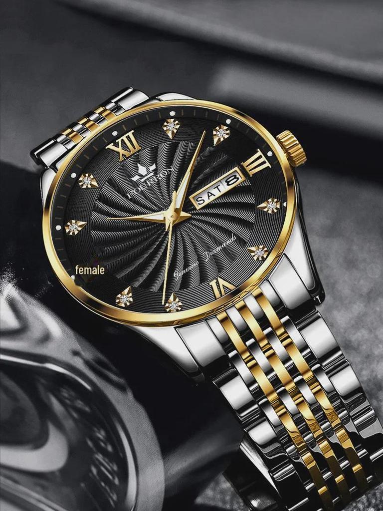 Men's Diamond Quartz Watch with Luminous Double Calendar