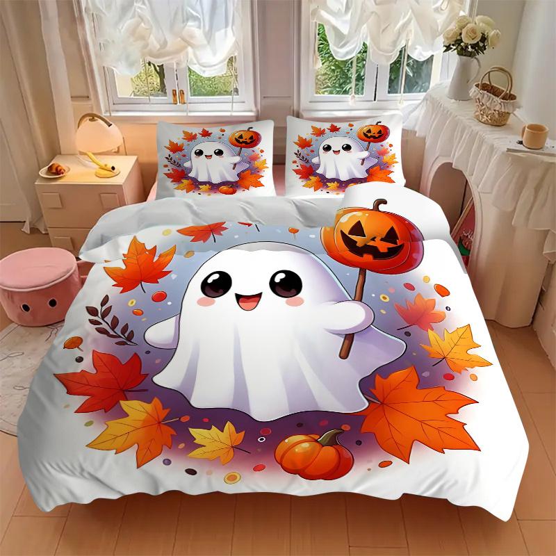 3pcs Happy Ghosts & Pumpkins Quilt Set Soft and Comfortable Bedroom, and Dorm Decor Bedding Set 1 Quilt Cover + 2 Pillowcases.L052
