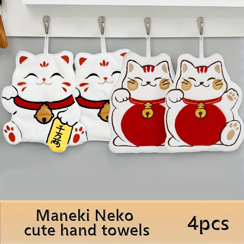 4pcs cute Maneki Neko hanging towels, double-layer thick with cat embroidery for kitchen, bath & living room.